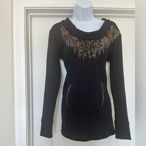 Apple Bottoms Sweater Dress Women Size L Cowl Neck Rhinestone Hooded Long Sleeve